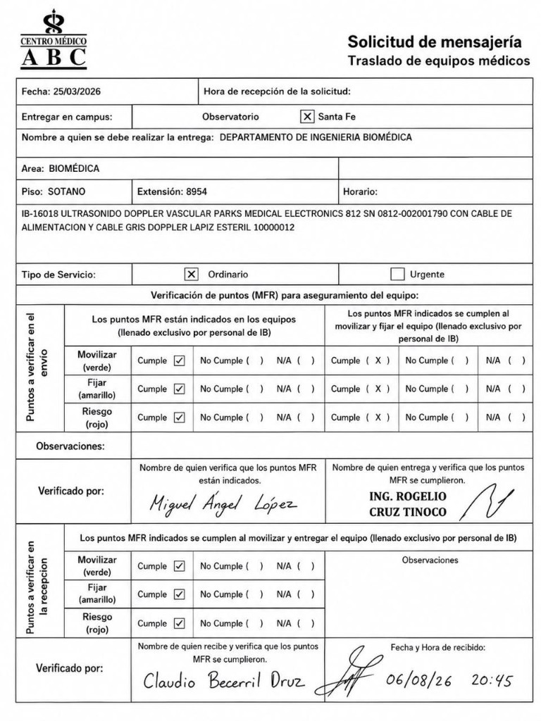 Formulario de traslado de equipos médicos